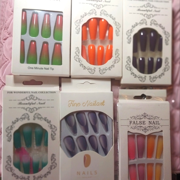 6 pck Long Coffin 24pcs Plastic Nails Set various color combo - Picture 1 of 2